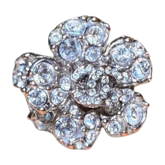 Chanel Womens Ring Rhinestone Flower Camellia CC Logo Luxury Glamorous - Picture 1 of 7